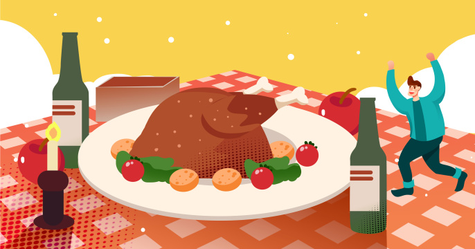 卡通手绘感恩节吃火鸡烛光晚餐创意卡通插画