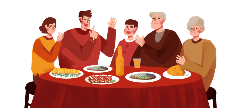 卡通手绘一家人吃年夜饭团圆饭喜庆过年插画
