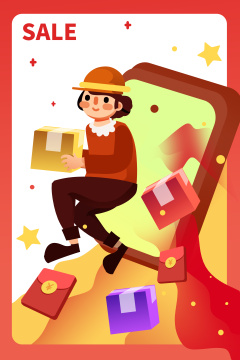  卡通手绘女生电商购物网购海报闪屏插画