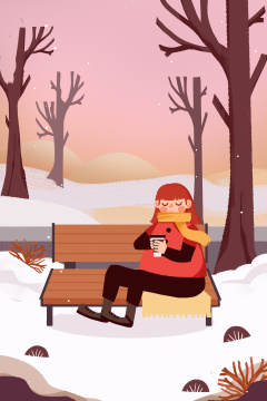 卡通手绘二十四节气立冬女孩坐在长椅喝咖啡插画