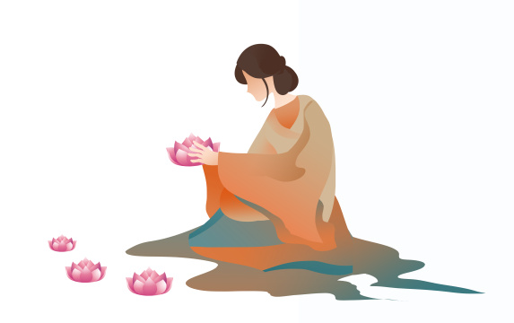 卡通手绘寒衣节女子祭祀先祖纪念怀念亲人插画