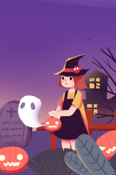  卡通手绘万圣节鬼怪巫婆闪屏插画
