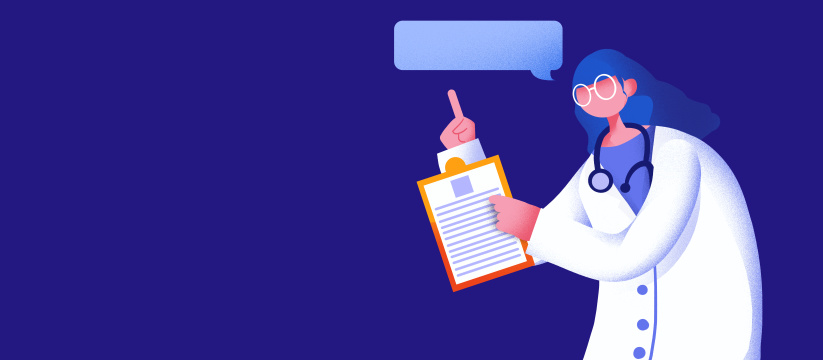 蓝色卡通手绘医疗女医生体检手拿诊断书插画