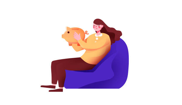 卡通手绘金融扁平插画女人储蓄存钱猪插画
