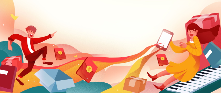 卡通手绘男生女生电商购物网购海报闪屏插画