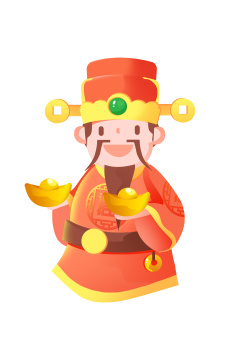 卡通手绘财神恭喜发财祝拿金元宝插画