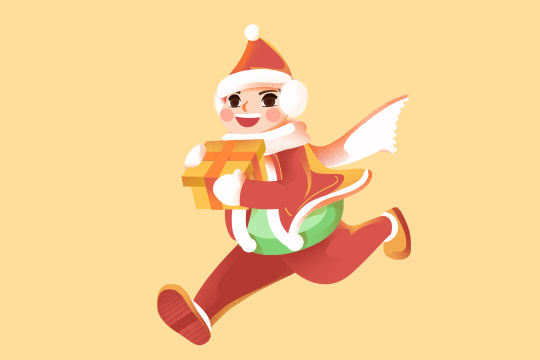 卡通手绘圣诞节男孩抱礼盒奔跑欢喜人物插画