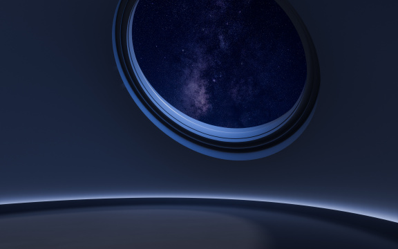 夜晚黑暗室内与圆形窗户3D渲染