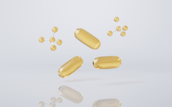 金色透明鱼油胶囊3D渲染