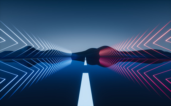 水面上的霓虹灯光线条3D渲染