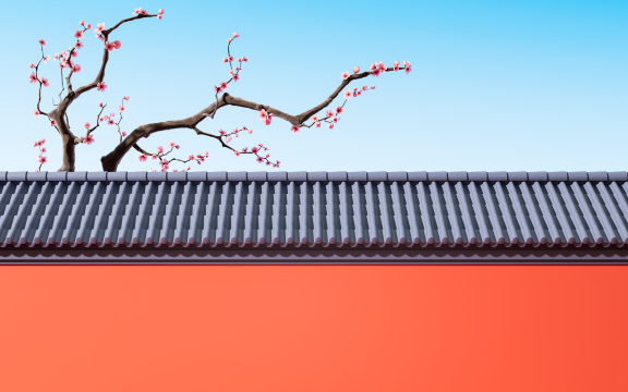 梅花与中国风红墙3D渲染