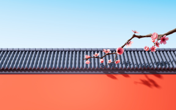 梅花与中国风红墙3D渲染