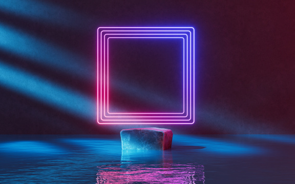 粗糙的岩石展台与霓虹灯光背景3D渲染