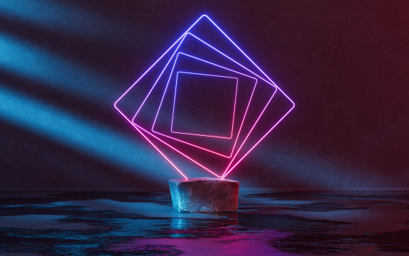 粗糙的岩石展台与霓虹灯光背景3D渲染