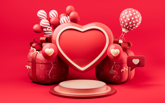 卡通风格爱心与展示台3D渲染