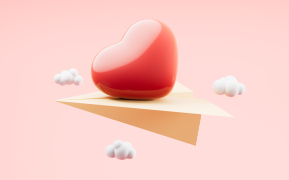 卡通风格爱心与纸飞机3D渲染
