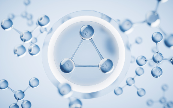 透明分子与蓝色背景3D渲染