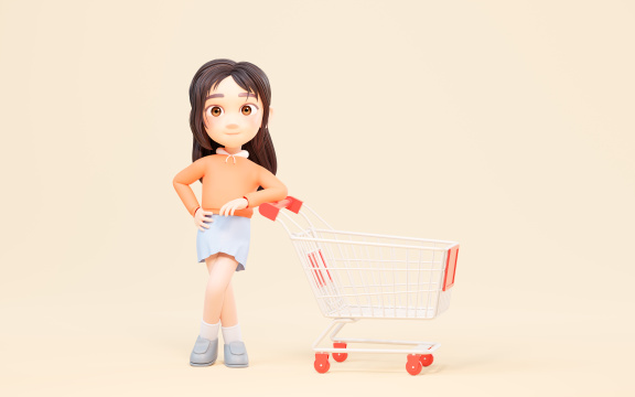 卡通女孩与购物主题3D渲染