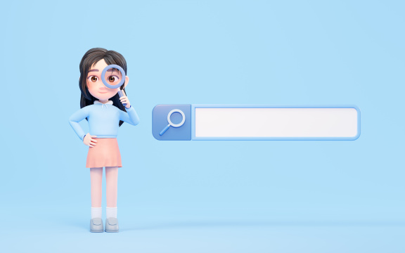 卡通女孩与搜索工具3D渲染