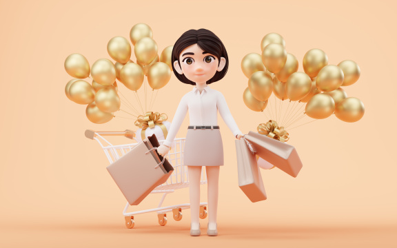 卡通女孩与购物主题3D渲染