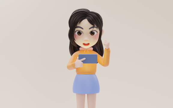 正在玩手机的卡通小女孩3D渲染