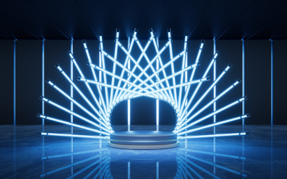 黑暗室内空间与霓虹灯管3D渲染