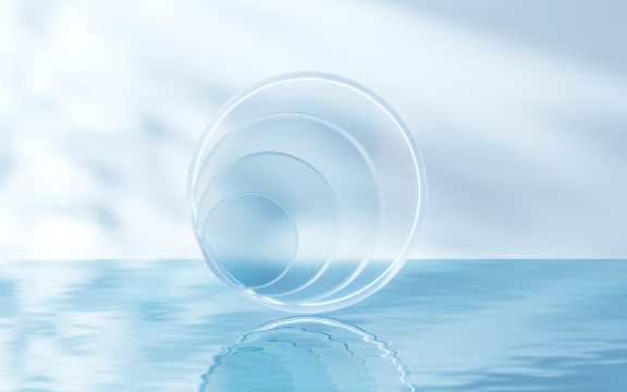 蓝色水面与透明玻璃3D渲染