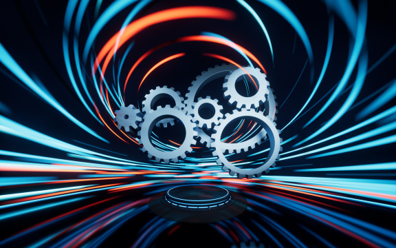 机械齿轮与流光特效背景3D渲染