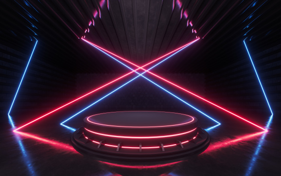 抽象霓虹发光线条与展示台3D渲染