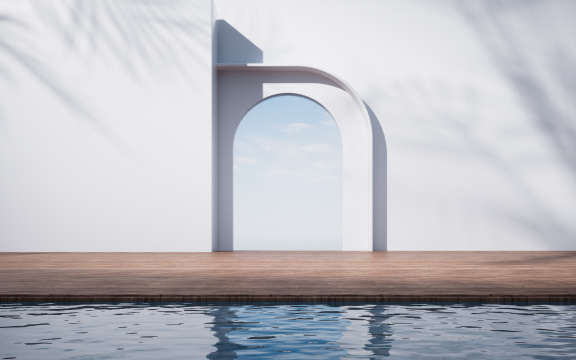 水面与木地板背景3D渲染