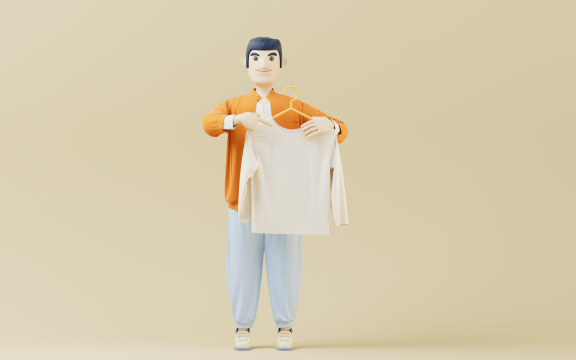 展示手中衣服的卡通男性3D渲染