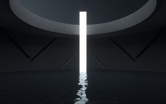 黑暗房间内的光影与倒影3D渲染