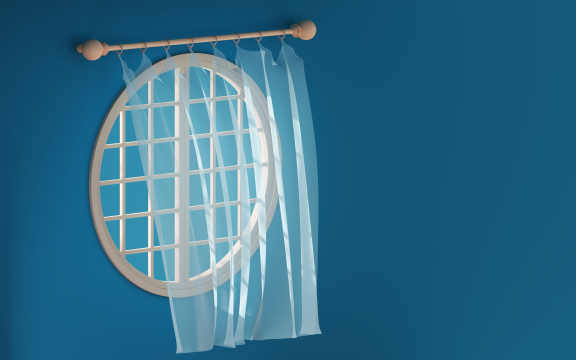 带窗帘的圆形窗户 3D渲染