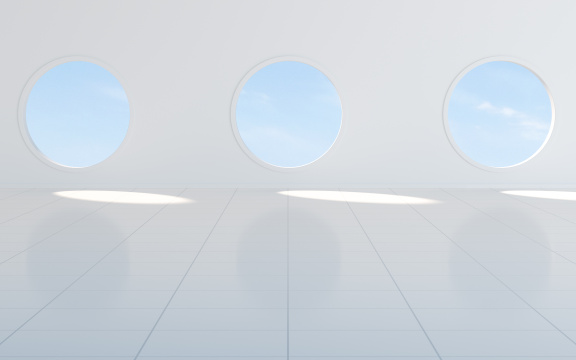 有圆形窗户的白色空房间 3D渲染