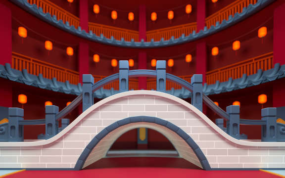 中国风建筑与拱形桥 3D渲染