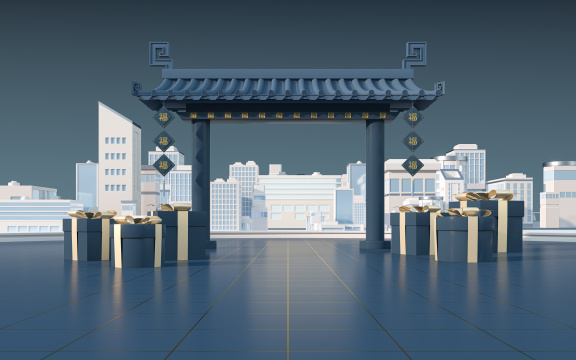 中国风建筑与礼盒装饰背景 3D渲染