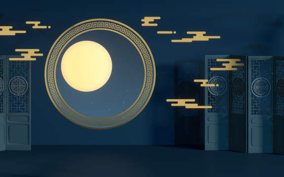 窗外的月光与中国风背景 3D渲染