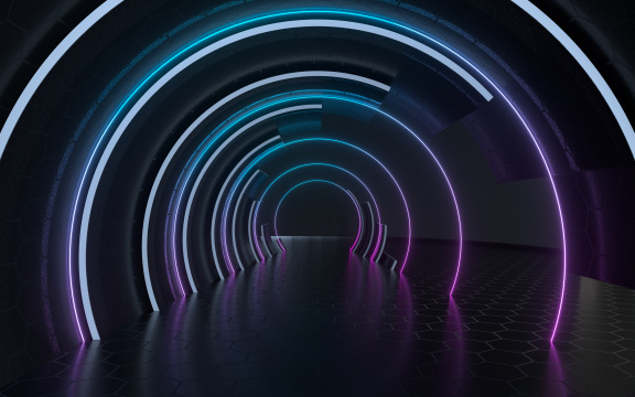 蓝紫霓虹线条隧道 3D渲染