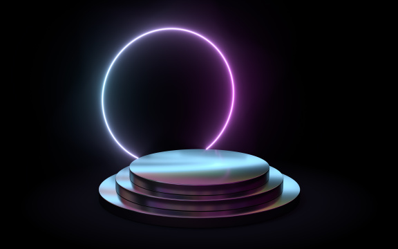 霓虹光照下的金属展示台 3D渲染