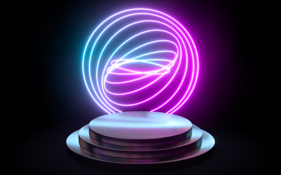 霓虹光照下的金属展示台 3D渲染