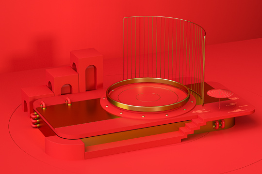 中国风红色创意展示台 3D渲染
