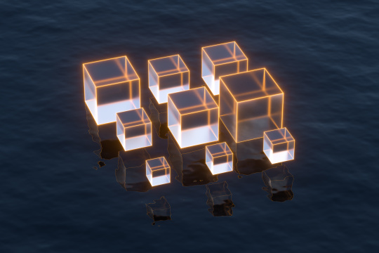 水面上悬浮的玻璃方块 3D渲染