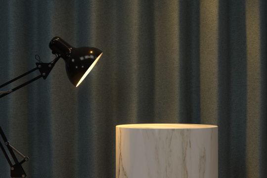 窗帘前的置物台与台灯灯光 3D渲染