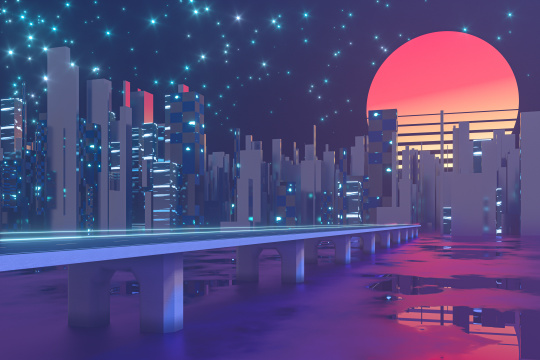 沥青道路与远方城市的灯火 三维渲染