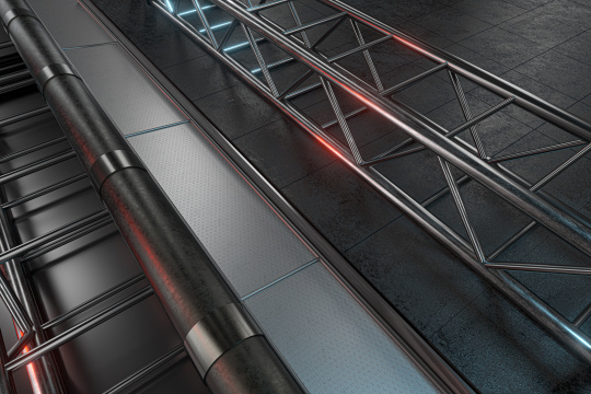 深色岩石地砖地面与钢架结构背景 三维渲染