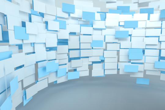 三维渲染，蓝色流动方片碎片