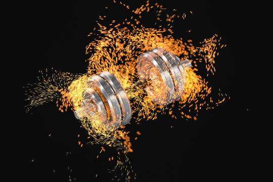 燃烧的哑铃与深色背景 健身题材背景 三维渲染