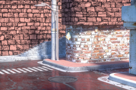 阳光下的复古风格小镇街道，三维渲染