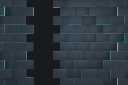 裂开的长方形方块墙壁，三维渲染