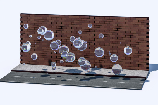 创意元素与马路边的红色复古砖墙，三维渲染